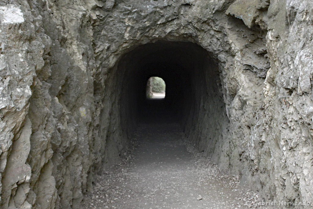 Tunnel creusé en 1865, pour amener à Nîmes, l'eau du Rhône captée au Pouzin (Ardèche) en empruntant partiellement le tracé de l' aqueduc (Pont du Gard, septembre 2018)