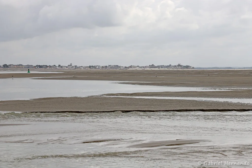 Le Crotoy, dans le fond de la baie de Somme à marée basse, avec le chenal au premier plan (Le Hourdel, Cayeux-Sur-Mer, août 2021)