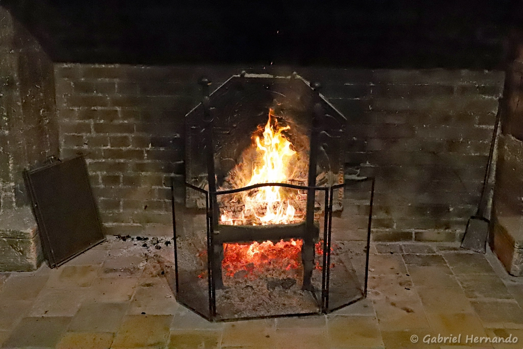 Feu de cheminée dans la cuisine du Château du Clos Lucé (Amboise, novembre 2021)
