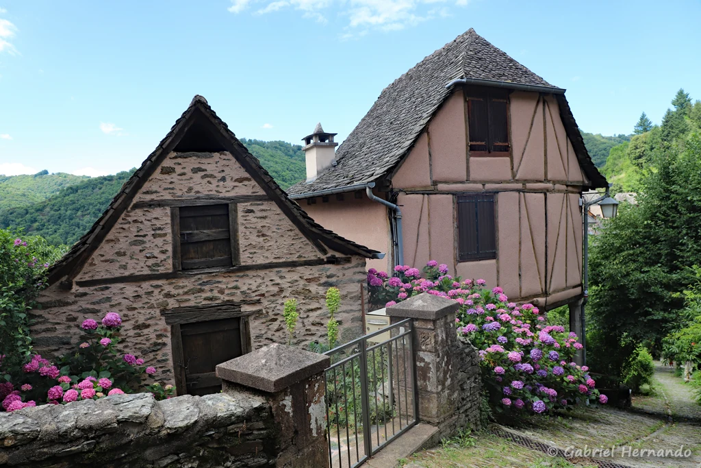 Maison typiques du village, avec de beaux hortensia, rue Emile Roudié (Conques, juin 2022)