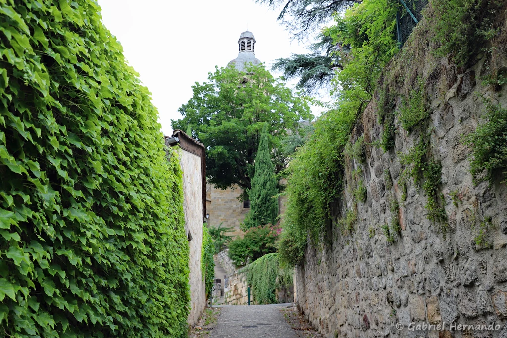 Haute de la rue Delzhens, menant à l'église Notre-Dame-du-Puy (Figeac, juin 2022)