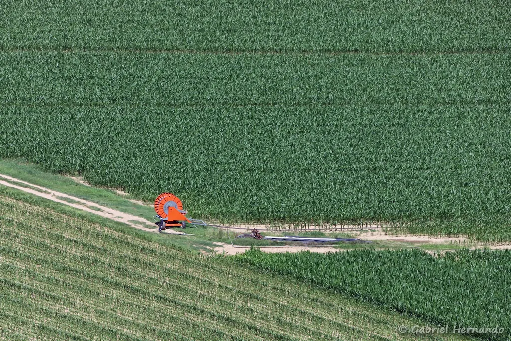 Enrouleur d'irrigation coloré dans la plaine agricole du cingle de Caillac (Saut de la Mounine, juillet 2022)