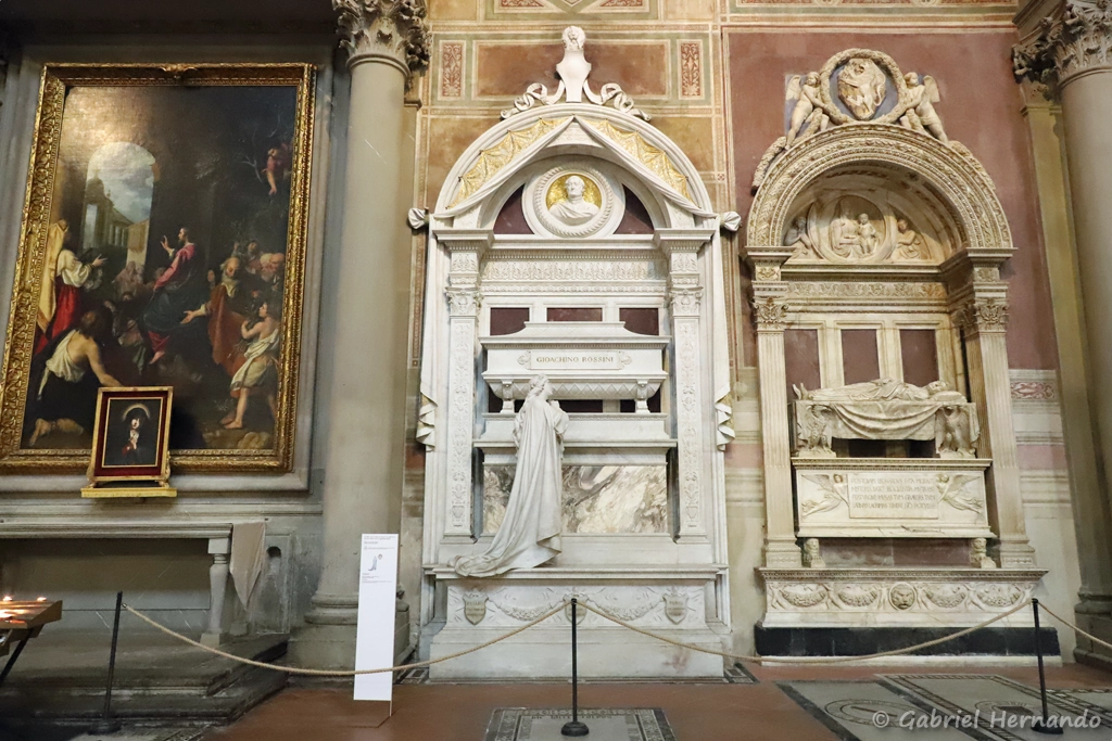 Au centre, sépulture de Gioachino Rossini (1792-1868) et à gauche, "l'entrée du Christ à Jérusalem", peint oeuvre de Cigoli (1603–04), dans la basilique Santa Croce (Florence, Italie, Octobre)